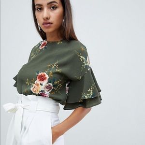 AX Paris Green Floral Top with Frill Sleeve